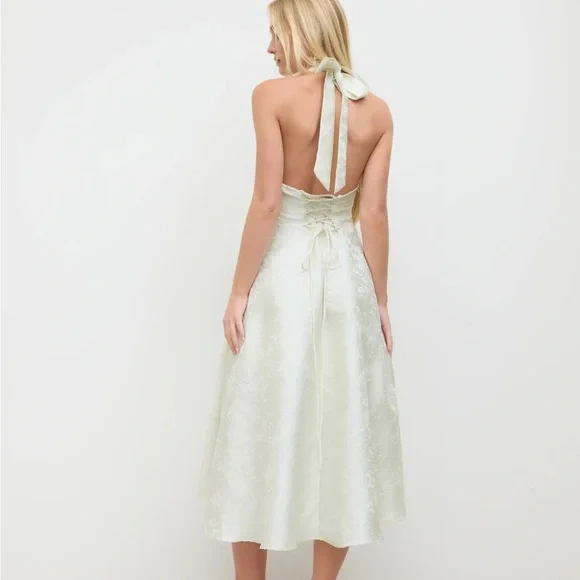 Cider Ivory Jacquard Halter V-Neck Midi Dress - Picture 3 of 15